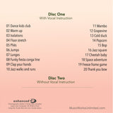 Dance Adventure Vol. 4 preschool jazz class CD back cover with tracklist, including warm ups, jazz walks, funky fiesta conga line, space adventure, and more.