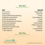 Back cover of Dance Adventure Vol. 4 CD by Becca Retter. Preschool jazz class for 3–6 year olds with 22 tracks including tap and ballet exercises. Features disc one with vocal instruction and disc two without vocal instruction on a peach gradient background.