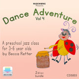 Dance Adventure Vol. 4 preschool jazz class for ages 3–6 by Becca Retter – CD front cover artwork featuring cartoon ladybug playing a drum.
