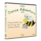 Dance Adventure Vol. 4 CD cover featuring a preschool jazz class for 3–6 year olds by Becca Retter. The design includes a playful ladybug character with a drum on a peach gradient background.