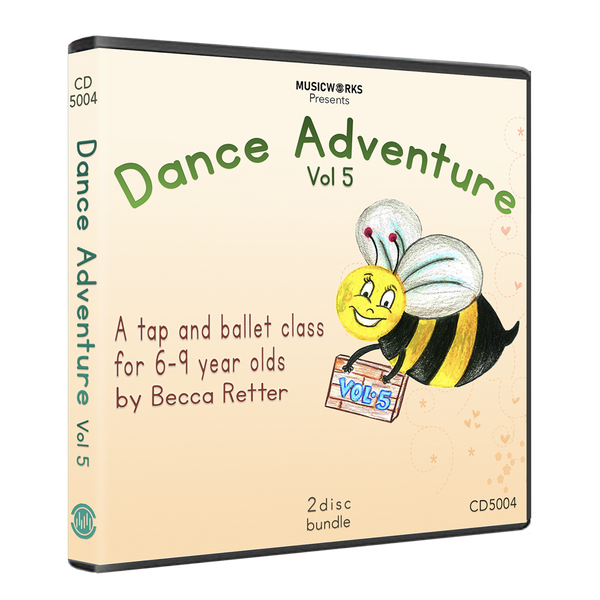 Dance Adventure Vol. 4 CD cover featuring a preschool jazz class for 3–6 year olds by Becca Retter. The design includes a playful ladybug character with a drum on a peach gradient background.