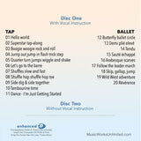 Dance Adventure Volume 6 CD back cover track list with tap and ballet exercises for ages 3 to 6 with and without vocal instruction