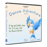 Dance Adventure Volume 6 CD cover with blue bird illustration tap and ballet class for ages 3 to 6 by Becca Retter