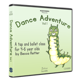 3D CD case mockup of Dance Adventure Vol. 1 preschool tap and ballet class by Becca Retter, featuring caterpillar artwork and two-disc bundle branding