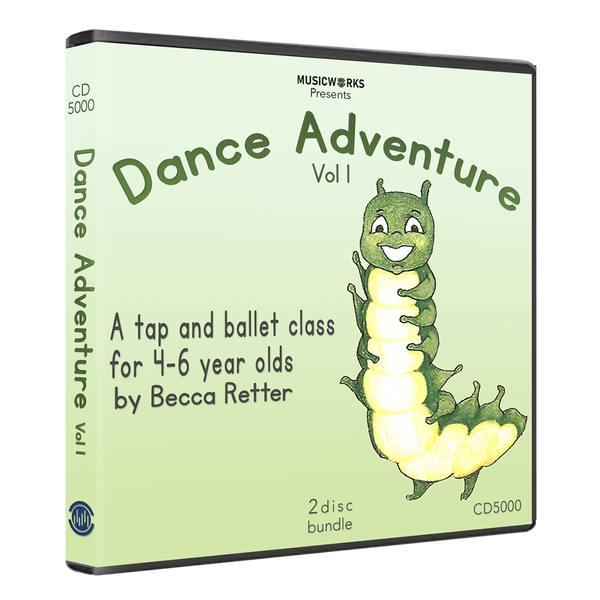 3D CD case mockup of Dance Adventure Vol. 1 preschool tap and ballet class by Becca Retter, featuring caterpillar artwork and two-disc bundle branding