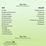 Back cover of Dance Adventure Vol. 1 preschool tap and ballet class CD, showing full track list for Tap and Ballet with two-disc bundle details