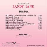 Candy Land Preschool Dance Camp tracklist CD back cover, featuring pink title text, a fantasy candy-themed landscape, and a list of songs with durations for Disc One and Disc Two by Becca Retter.