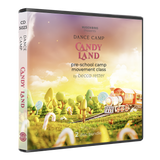 Dance Camp Candy Land 2-disc CD bundle by Becca Retter – preschool creative movement class with a candy-themed train and whimsical landscape on the cover.