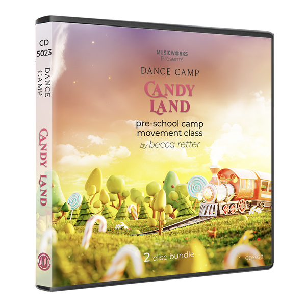 Dance Camp Candy Land 2-disc CD bundle by Becca Retter – preschool creative movement class with a candy-themed train and whimsical landscape on the cover.