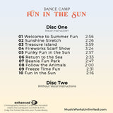 Back cover of Dance Camp Fun in the Sun preschool movement class by Becca Retter, playlist with bright sunset gradient/