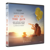 3D DVD case cover for Dance Camp Fun in the Sun preschool movement class by Becca Retter, two-disc audio bundle with balloons and teddy bear design.
