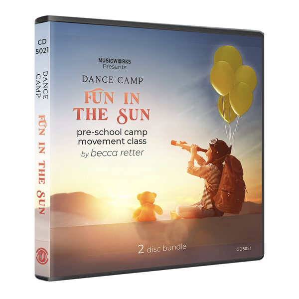 3D DVD case cover for Dance Camp Fun in the Sun preschool movement class by Becca Retter, two-disc audio bundle with balloons and teddy bear design.