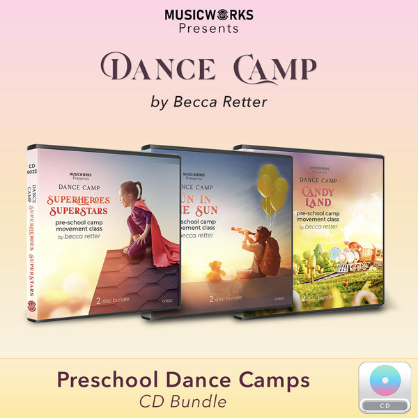 Preschool Dance Camp Bundle by MusicWorks featuring three CD covers: Superheroes & Superstars, Fun in the Sun, and Candy Land by Becca Retter. Includes 2-disc physical CD bundles designed for preschool summer dance camps.