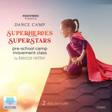 Front cover of Superheroes Superstars preschool movement class by Becca Retter, two-disc bundle with bright sunset background, with a girl on the roof wearing a superhero costume with a red cape