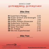Back cover of Dance Camp Superheroes Superstars preschool movement class by Becca Retter, playlist with bright sunset gradient.