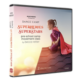 3D DVD case cover for Dance Camp SuperHeroes SuperStars preschool movement class by Becca Retter, two-disc audio bundle with a girl wearing a red cape design.