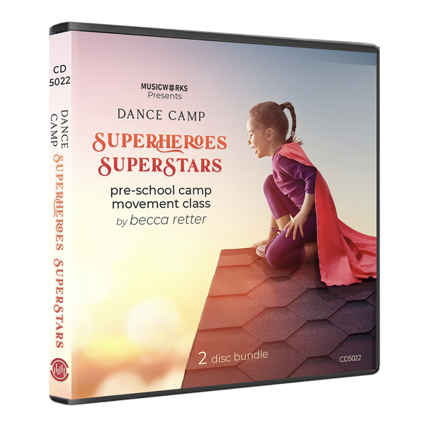 3D DVD case cover for Dance Camp SuperHeroes SuperStars preschool movement class by Becca Retter, two-disc audio bundle with a girl wearing a red cape design.