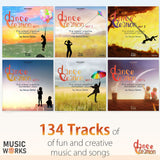 Back cover design for Dance Creation Preschool Creative Movement CD Bundle by Becca Retter, featuring six colorful album covers, MusicWorks logo, Dance Creation logo, and text highlighting 134 tracks of fun and creative music and songs for preschool dance classes.