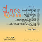 Back cover of Dance Creation Volume 1 preschool creative movement CD set by Becca Retter, showing track list of children’s dance songs and activities