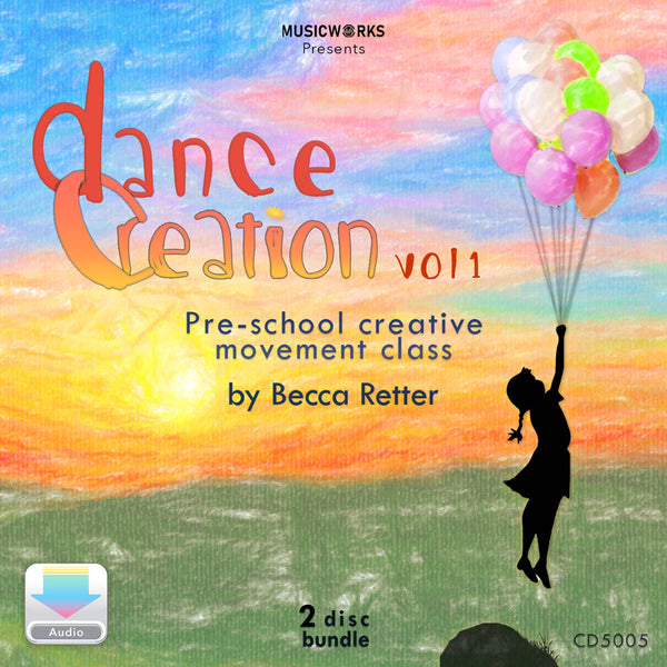 Dance Creation Volume 1 preschool creative movement class digital audio cover with silhouette of girl holding balloons against colorful watercolor sky