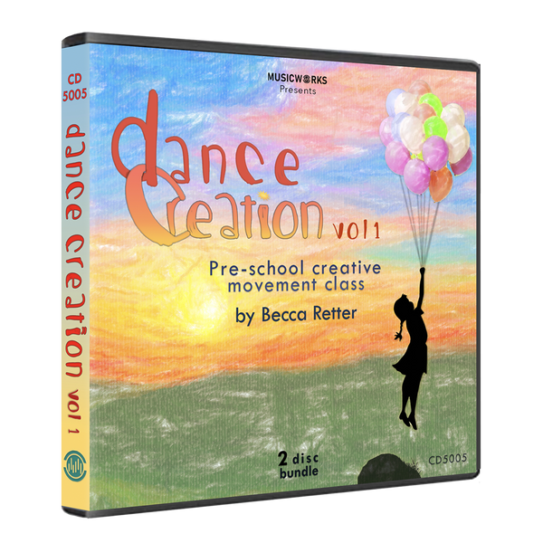 Dance Creation Volume 1 preschool creative movement class double CD case by Becca Retter featuring girl with balloons silhouette on watercolor background