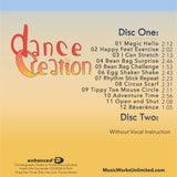 Back cover of Dance Creation Volume 2 preschool creative movement CD set by Becca Retter with track list of fun children’s dance songs and activities