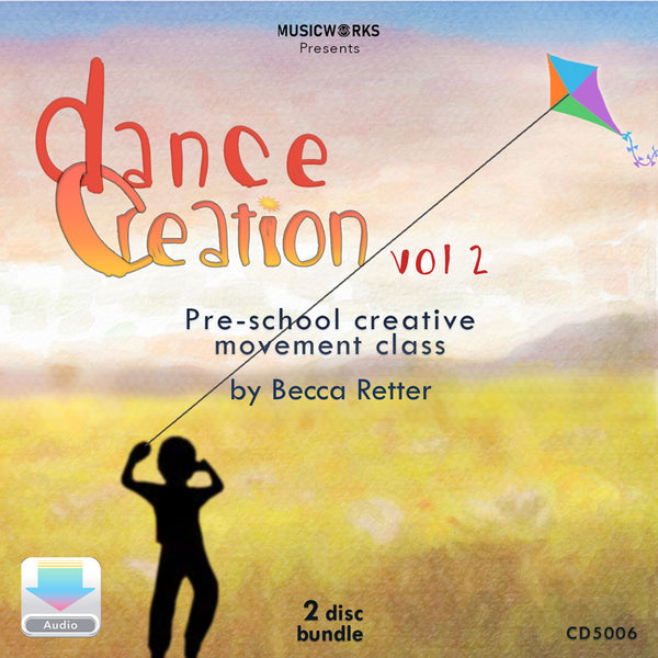 Dance Creation Volume 2 preschool creative movement class digital audio cover featuring silhouette of boy flying a colorful kite in watercolor field background