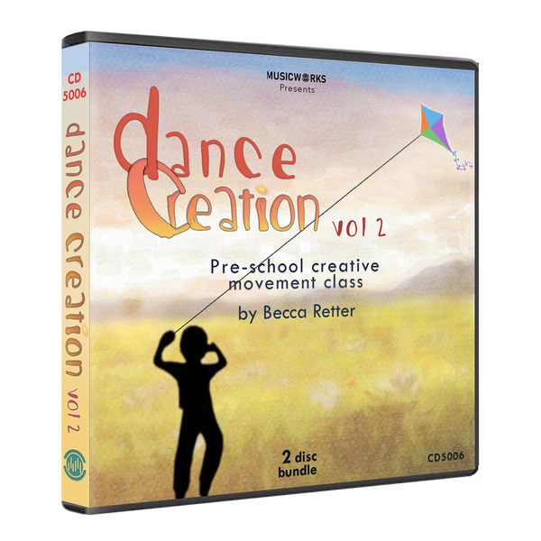 Dance Creation Volume 2 preschool creative movement class double CD case by Becca Retter showing boy with kite silhouette against watercolor field background