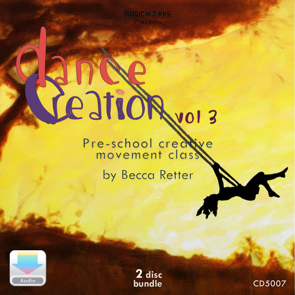 Dance Creation Volume 3 preschool creative movement class digital audio cover featuring silhouette of child swinging against warm yellow and orange watercolor background