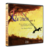 Dance Creation Volume 3 preschool creative movement class double CD case by Becca Retter showing child on swing silhouette against watercolor sunset background