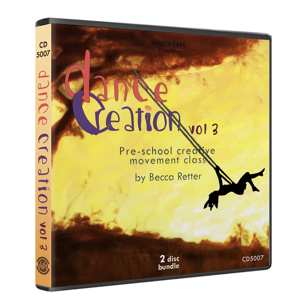 Dance Creation Volume 3 preschool creative movement class double CD case by Becca Retter showing child on swing silhouette against watercolor sunset background