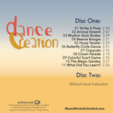 Back cover of Dance Creation Volume 4 preschool creative movement CD set by Becca Retter with track list of children’s dance songs and activities