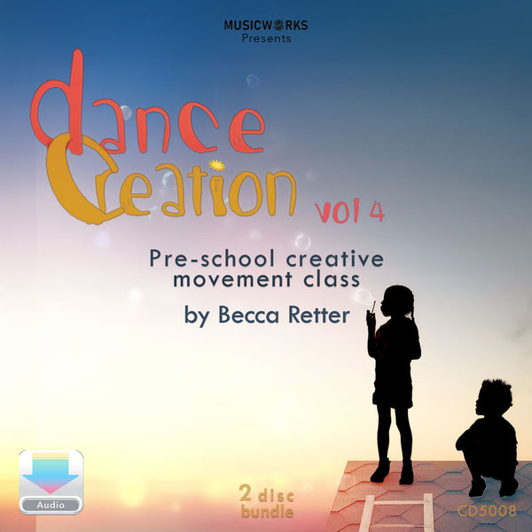 Dance Creation Volume 4 preschool creative movement class digital audio cover featuring silhouettes of children blowing bubbles on a rooftop at sunset watercolor sky