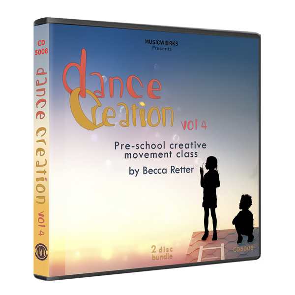 Dance Creation Volume 4 preschool creative movement class double CD case by Becca Retter showing children with bubbles silhouette against watercolor evening sky
