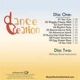 Back cover of Dance Creation Volume 5 preschool creative movement CD set by Becca Retter with track list of children’s dance songs and activities