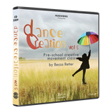 Dance Creation Volume 5 preschool creative movement class double CD case by Becca Retter showing silhouette of child with rainbow umbrella against cloudy watercolor sky