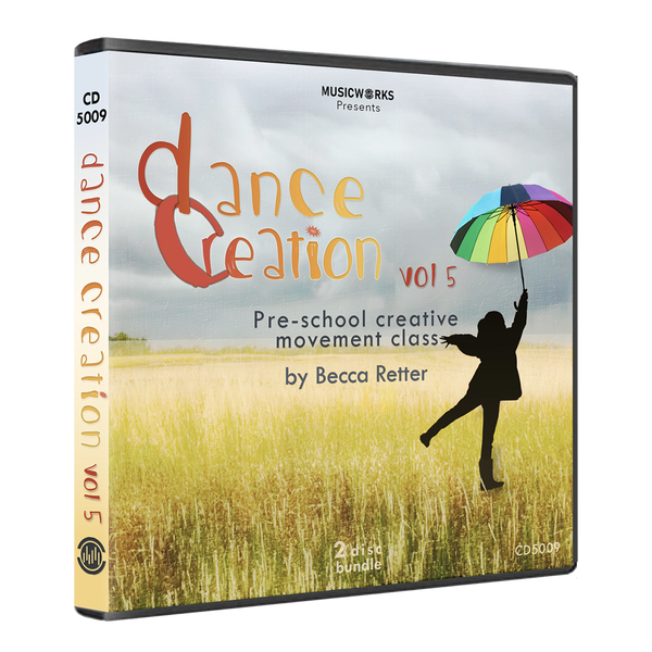 Dance Creation Volume 5 preschool creative movement class double CD case by Becca Retter showing silhouette of child with rainbow umbrella against cloudy watercolor sky