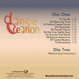 Back cover of Dance Creation Volume 6 preschool creative movement CD set by Becca Retter with track list of children’s dance songs and activities