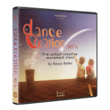 Dance Creation Volume 6 preschool creative movement class double CD case by Becca Retter showing children on rooftop silhouette against starry sky background