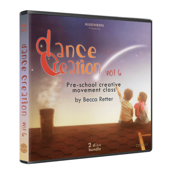 Dance Creation Volume 6 preschool creative movement class double CD case by Becca Retter showing children on rooftop silhouette against starry sky background