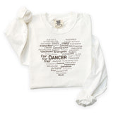 White long-sleeve Dance Heart Word Art tee displayed flat with the heart-shaped word collage printed on the front.