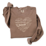 Espresso long-sleeve Dance Heart Word Art tee displayed flat with the heart-shaped word collage printed on the front.