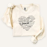 Ivory long-sleeve Dance Heart Word Art tee displayed flat with the heart-shaped word collage printed on the front.