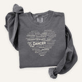 Pepper long-sleeve Dance Heart Word Art tee displayed flat with the heart-shaped word collage printed on the front.