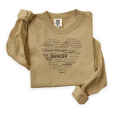 Sandstone long-sleeve Dance Heart Word Art tee displayed flat with the heart-shaped word collage printed on the front.