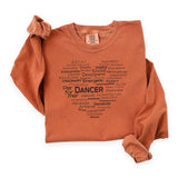 Yam long-sleeve Dance Heart Word Art tee displayed flat with the heart-shaped word collage printed on the front.