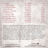 Back cover of a music CD titled 'Here I Some A Minor' featuring a tracklist on the top half and descriptive text on the bottom half, with a textured light beige background and dark red text.