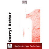 Cover art for 'Beginner Jazz Technique' by Darryl Retter, featuring a graphic design predominantly in green and red, with the number 1 highlighted in red.