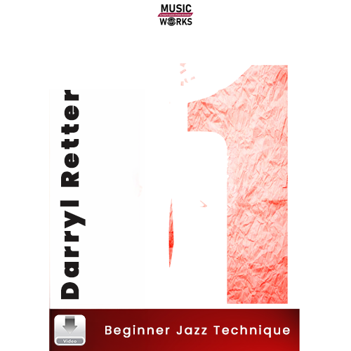 Cover art for 'Beginner Jazz Technique' by Darryl Retter, featuring a graphic design predominantly in green and red, with the number 1 highlighted in red.