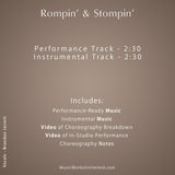 Rompin’ & Stompin’ by Darryl Retter back cover listing performance and instrumental music, choreography videos, and notes.